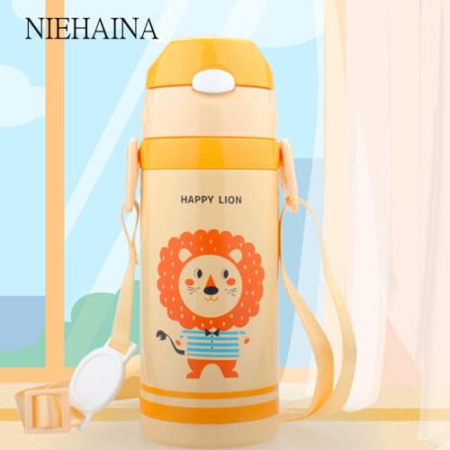 320ml Portable Handle Student Vacuum Flasks 304 stainless steel Babys Straw Thermals Cup For Kids Thermos Water Bottle