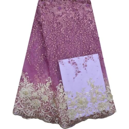 African Lace Fabric Lilac High Quality Lace Beaded Nigerian Lace Fabrics for Wedding Party Embroidered Tulle Lace Fabric 1241