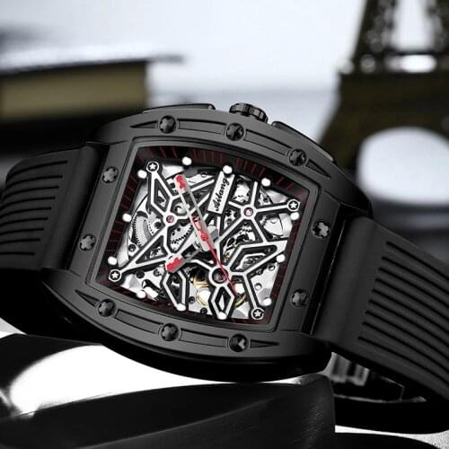 AILANG Black Hollow Large Dial Sports Mens Waterproof Watch Fully Automatic Mechanical Leisure Luminous Luxury Watch 8616A