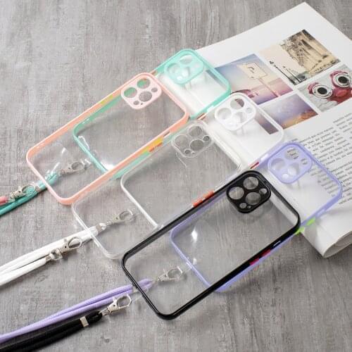 50pcs/Lot Colorful Bumper Strap Lanyard Transparent Phone Case For iPhone 12 Mini 11 Pro XS Max XR X 7 8 Plus SE Clear Cover