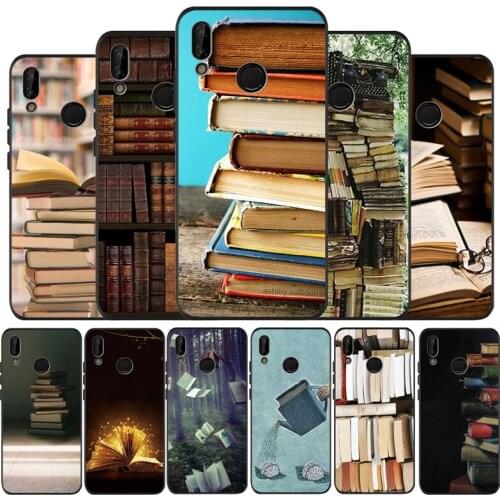 Books Pile Library Reading black soft Case For Huawei P40 P30 P20 P10 P9 Lite Pro 2019 P smart Y6 Y9 2018 Back cover Shell