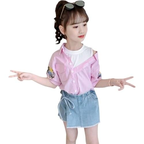 Children Clothes Embroidery Tshirt + Short Costume For Girls Floral Children Clothes Girl Striped Tracksuit Kids