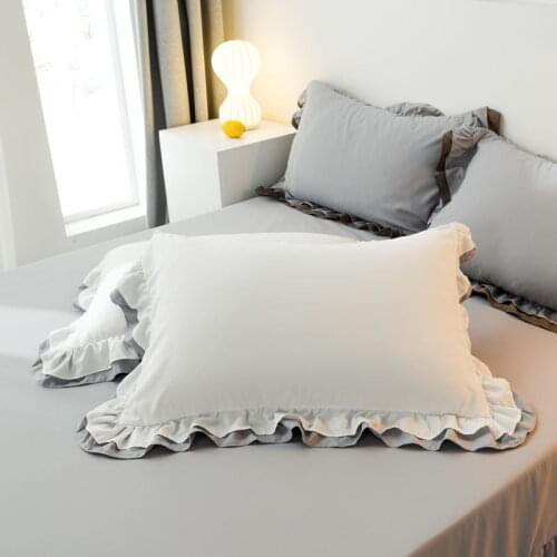 INS White Pillowcase Bedding Cotton Solid Ruffle Pillow Sham Princess European Pillow Cover Protector 48x74cm