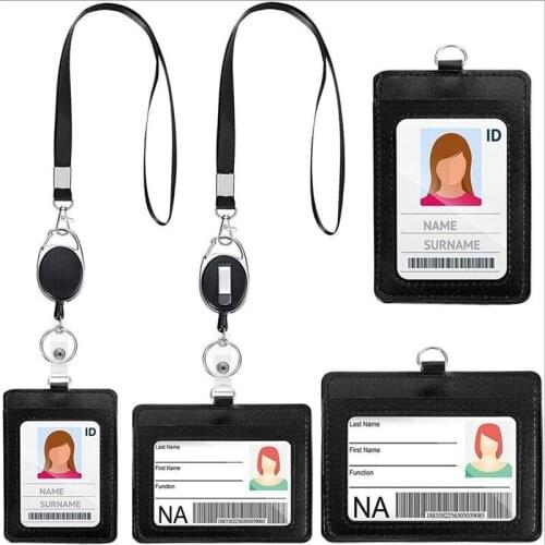 PU Leather ID Badge Holders Vertical or Horizontal Card Holder with Neck Lanyard Strap and Retractable Badge Reel with Belt Cli