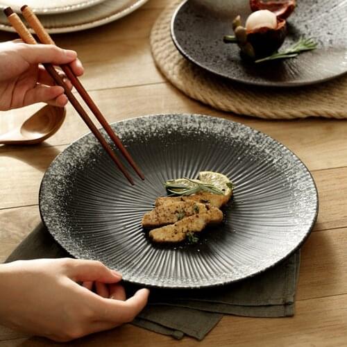 Ceramic Plate Creative Dinner Plate Household Retro Tableware Striped Creative Dinner Plate Breakfast Plated Dish