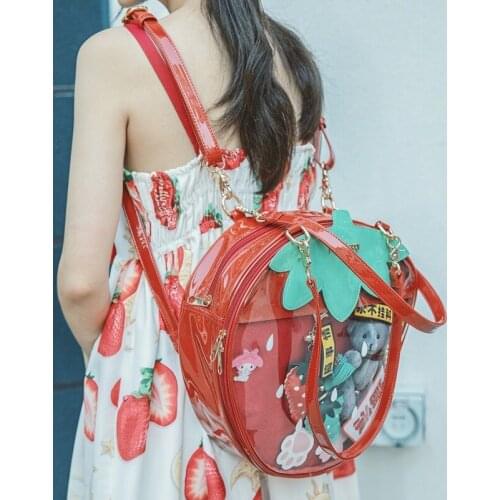 Red Lolita 3 Ways Strawberry Transparent Backpack Bag Handbag Casual Tote Message Girl Woman Shoulder Bag Cute Gift