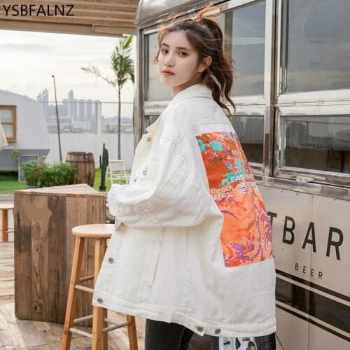 White BF Mid-Long Harajuku Womens Denim Jacket 2021 Spring Streetwear Vintage Abstract Print Loose Ladies Jeans Coats Outwear