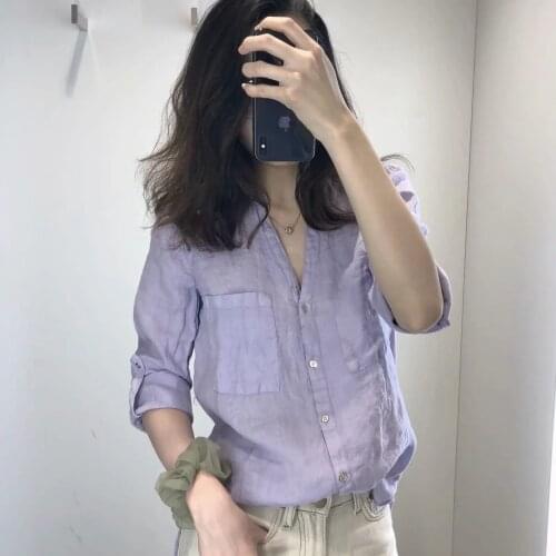 2021 Summer New Style Fresh Fragrant Taro Purple Pocket Decoration Linen V-neck Shirt Blouse With Adjustable Sleeve Length