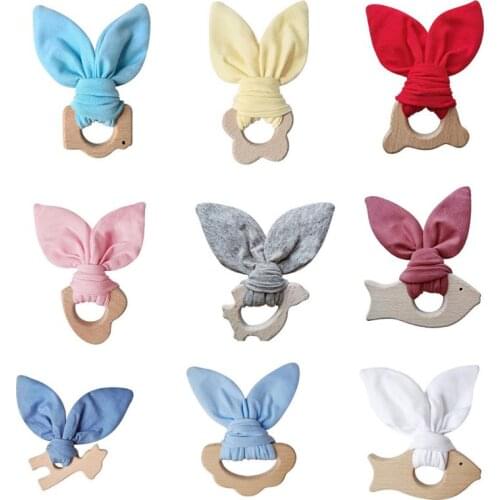 OOTDTY Baby Wooden Teether Ring Bunny Ear Animal Chewable Teething Molar Infant Play Gym Toys Handmade DIY Crafts