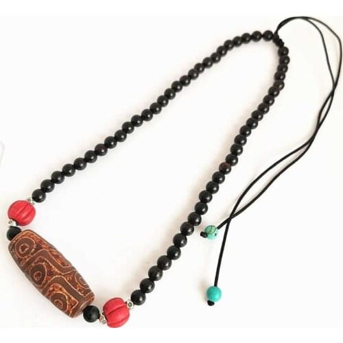 Tibet Dzi Amulet Necklace Big Nine Eye Dzi Bead with Black Sandalwood Beads Adjustable Chain for Man BRO568