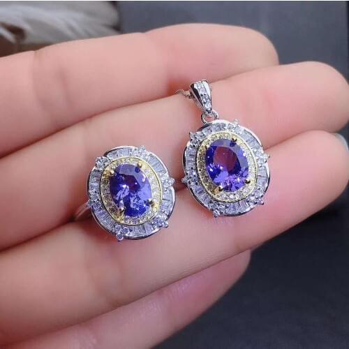 Real Natural Tanzanite jewelry set Natural Real Tanzanite 925 sterling silver 1pc pendant,1pc ring