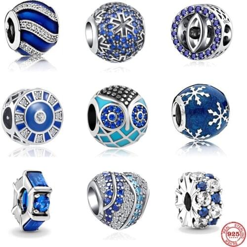 European New 2021 Blue Eye Snowflake Owl Bead Fit Original Pandora Charms Silver 925 Bracelet DIY Jewelry Accessories C107