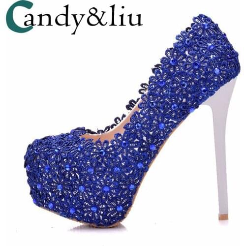 Blue Lace Wedding Shoes Super High Heel Slip-on with Paltform Appliques Round Toe Women Pumps for Party Banquet Evening Dress