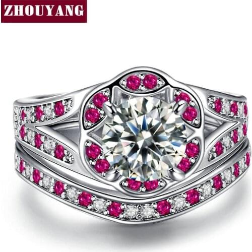 Plum Blossom Round-cut Cubic Zirconia Silver Color Fahion Jewelry Wedding Ring Set For Women Girl Gift YG014