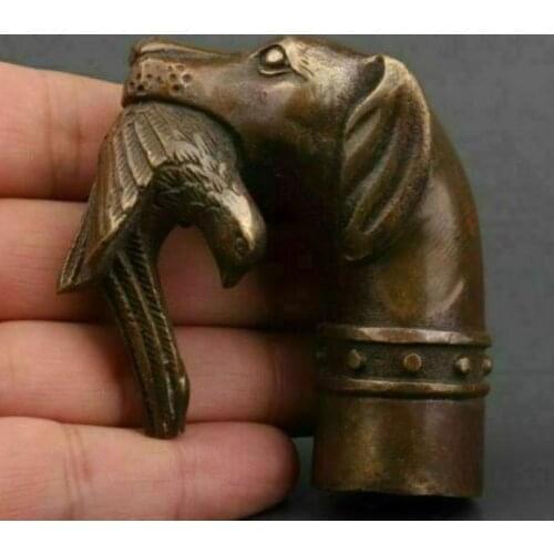 Unique Chinese Bronze Statue Dog Bird Cane Walking Stick Head Handle Accessorie