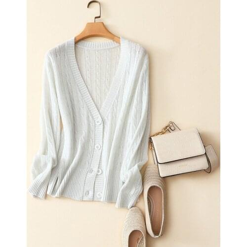 Spring new cable knitted deep v neck casual cardigan femael high quality cashmere merino cardigan