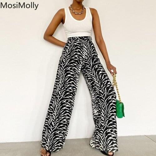 MosiMolly 2021 Print Pants Women Black Floor Length Long Pants Women Zebra Print Pants Female Bottom