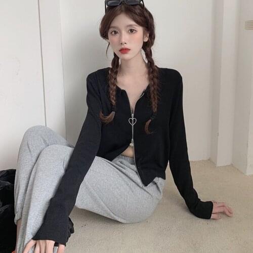 Womens Tops Korean Style Fashion Cardigan Solid Lapel Zipper Sweet Casual Long Sleeved Knitted