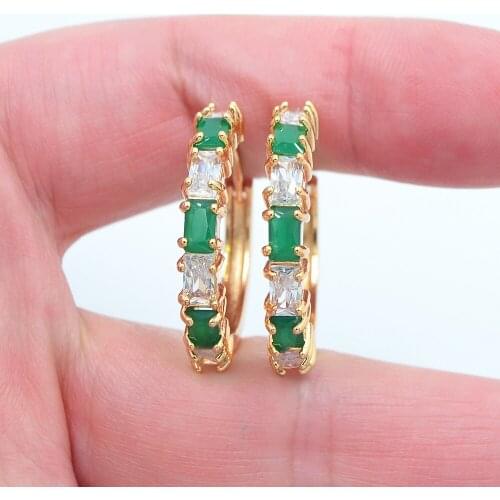 Gold Color Women Stylish White Green Cubic Zirconia CZ Huggie Hoop Earrings