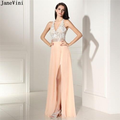 JaneVini 2019 Champagne Chiffon Long Bridesmaid Dresses Floor Length Lace Appliques Beaded Backless A Line Sexy Prom Party Gowns