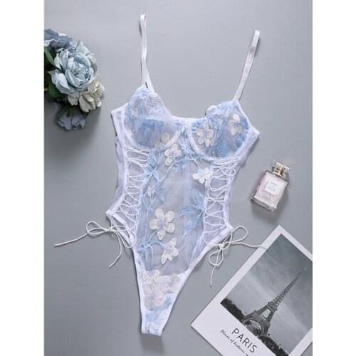 Women Lace Embroidery Hollow Teddies Erotic Bodysuits Sexy Nightwear Perspective Floral Temptation Babydoll Sleepwear