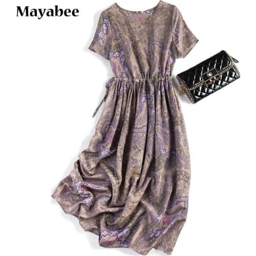 2021 Spring And Summer New Mulberry Silk Dress Purple Retro Color Short-Sleeved Loose Commuter Mid-Length Skirt