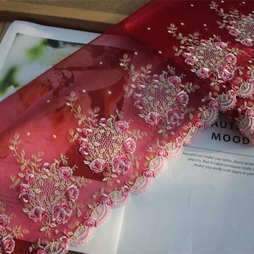 10Meters Embroidered Lace Trim Mesh Dark Red Net For Bra Curtain Decoration Flowers Fabric Tulle Sewing Applique Trimmings 20cm