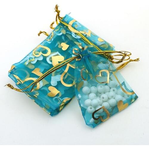 7x9cm Light Blue Heart Bronzing Organza Jewelry Popular Bags Cheap Organza Pouches Embalagens Para Doces 100pcs/lot Wholesale