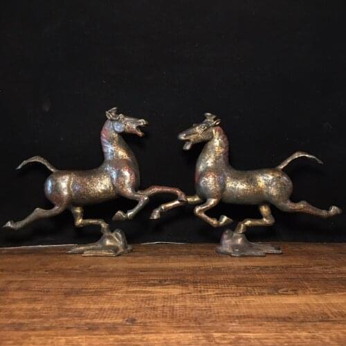 8"Chinese temple collection Old Bronze Lacquer Cinnabar Zodiac horse statue Ma Ta Feiyan A pair Ornaments Town House Exorcism