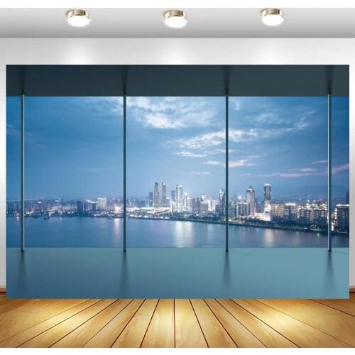 Big French Windows Night City View Photo Backgrounds Lake Buildings Office Room Interior Scenic Photographic Backdrops