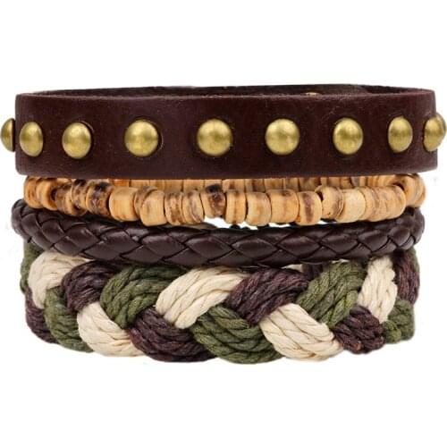 3 Color Handmade Rope Man Bracelets Woven Leather Rope Bracelets Bangles Gold Metal Wood Bead Women Bracelet Jewelry