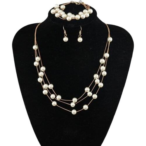 Elegant Women Wedding Bridal Jewelry Sets Gold Multi Layer Imitation Pearl Chain Necklace Bracelet Earrings Set Wedding Jewelry