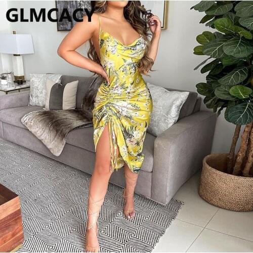 Spaghetti Strap Drawstring Detail Slit Dress Elegant Summer Boho Beach Party Mini Dress