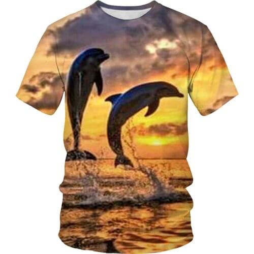 Dolphin show pattern 3D printing men and women short-sleeved t-shirt fashion new casual shirt outdoor round neck t-shirt for men
