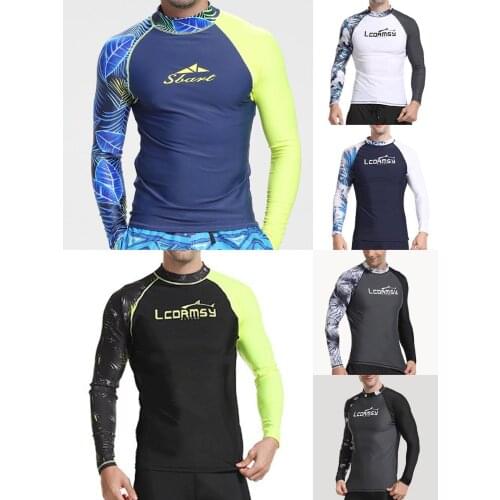Underwater men UPF 50+ Long Sleeve Splice UV Sun Protection Basic Skins Surfing Diving Swimming T Shirt Blue Black M 3X