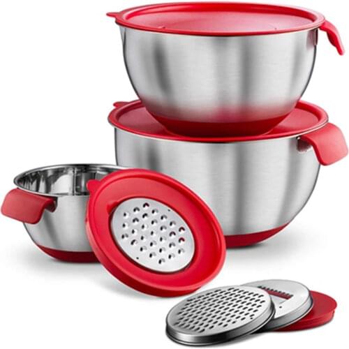 Kitchen Food Storage Silicone Bottom Stainless Steel Salad Mixing Bowl With Handle Cover