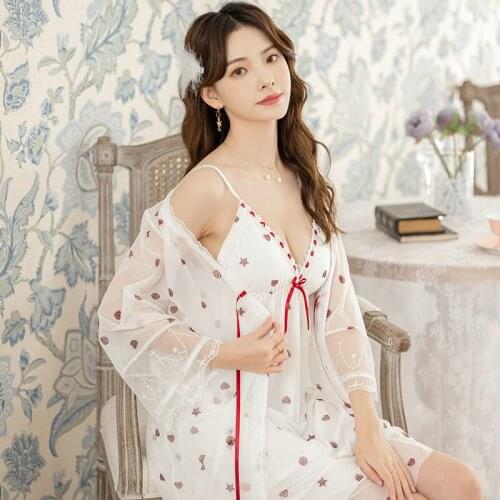 Summer Sling Nightdress Court Style V-Neck Bathrobe Lounge Set Long Comfortable Mesh Modal Sleepwear Lounge Robe Sets Sexy Dress