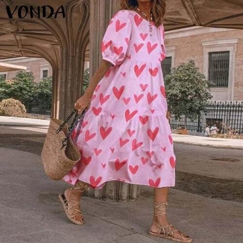 Summer O Neck Sundress VONDA Women Bohemian Dress Short Puff Sleeve Dresses Elegant Heart Printed Long Vestido Robe Sarafans 5XL
