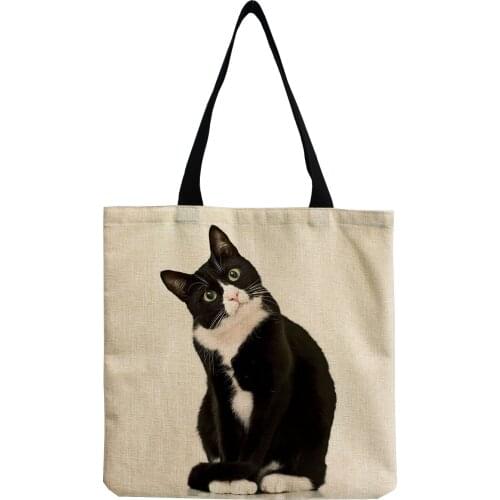 Fashion Cute Black Cat Printing Handbag Women Foldable High Capacity Tote Bags Animal Design Shoulder Bag Linen Custom Pattern