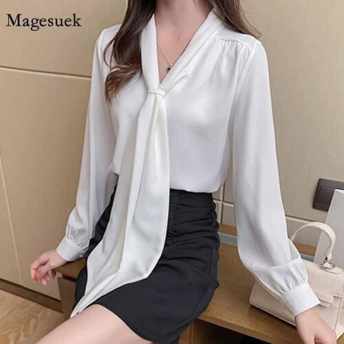 Office Lady Style V-neck 2020 New Fashion Korean Clothes Long Sleeve Womes Shirt Bow Lace Up Chiffon Blouse Blusas Mujer 11276