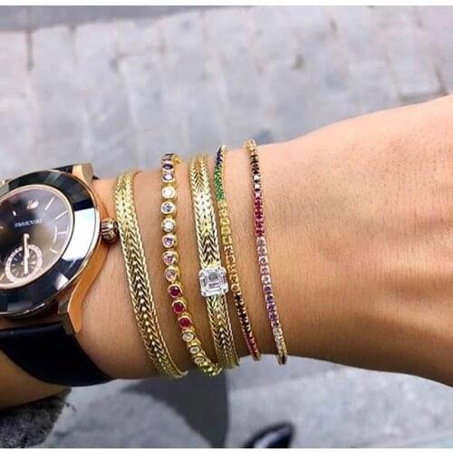 Wholesale Colorful Round Rainbow Color Charm AAA+ CZ slider Adjustable dainty tiny thin Bracelets bling bling jewelry for Women