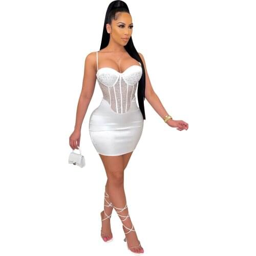 Cutubly Backless Dresses Casual Skinny Spaghetti Strap Diamond Mesh Sheer Solid Above Knee Mini Dress For Women Fashion