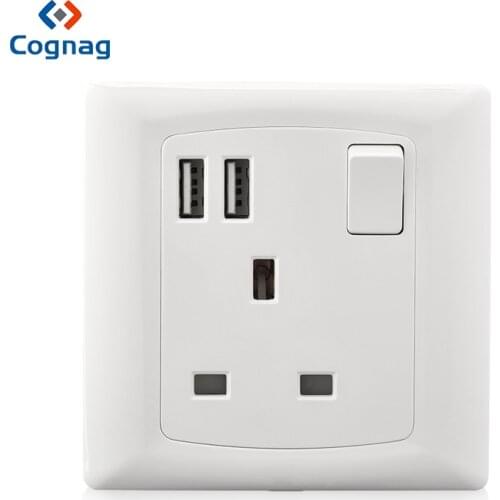 USB wall socket outlet with 2 USB port White UK type G Electrical power wall socket 220v