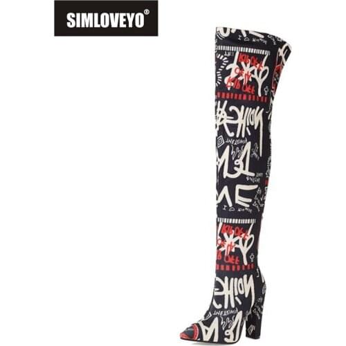 SIMLOVEYO 2021 Over The Knee Boots Sexy Party Slip On Pointed Toe Ethnic Block Heel Short Plush US12 Black Purple Orange A4494