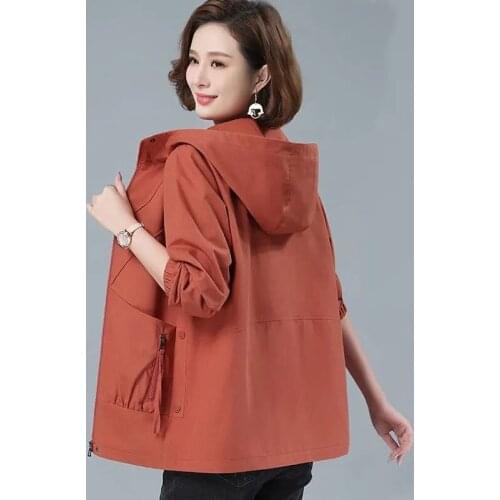 Casual Hooded Windbreaker Women Solid Colors Autumn Outwear Korean Loose Mom coat Large Size 3XL Basic Jacket Pocket Long Sleeve