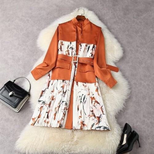 European and American womens clothing spring 2021 new Long sleeve collar Patchwork print pleated fashion belt dress