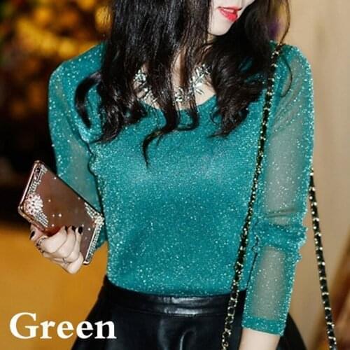 Women Sexy Shining Transparent Mesh Blouse Ladies Elegant See Though Shirt Girls Tops Nightclub Long Sleeve Clothes 2021