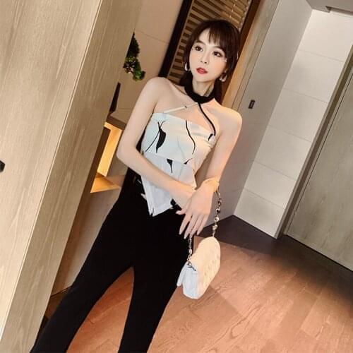 Women Vintage Coffee Break Sexy Halter Sleeveless Print Short Top Shirt Blouse Black High Waist Flare Pants Femal 2 Pieces Set
