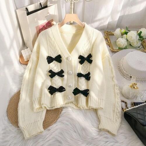 Spring New Fashion V Neck Long Sleeve Knitted Sweater Cardigan Women Korean Bow Design Warm Outerwear Loose Ladies Clothes G1277