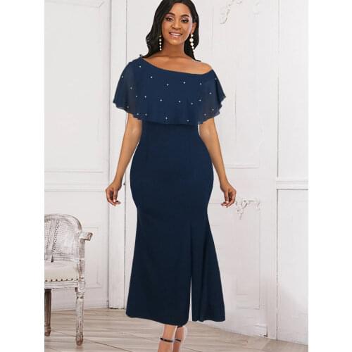 Elegant Women Long Prom Party Dresses Navy Blue Beading Mesh Cloak Sleeve Slit Trumpet Dress Summer Plus Size 4XL Curve Outfits